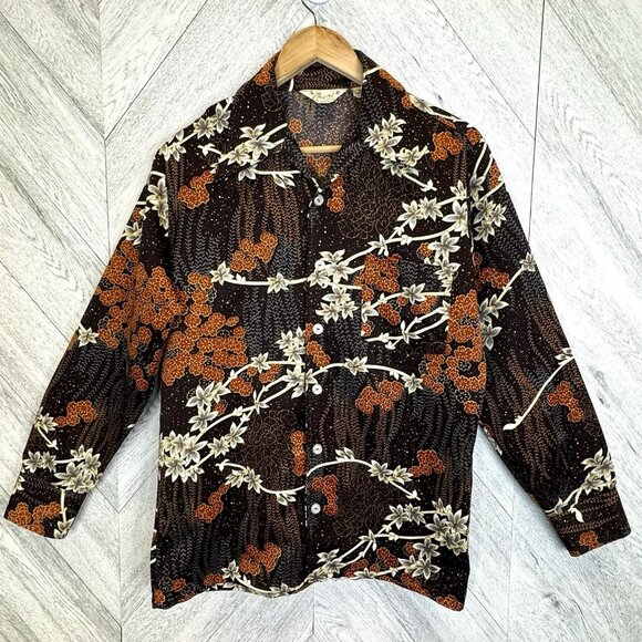 Vintage 70's Disco Shirt Mens Medium Brown Floral Polyester Retro Club Hipster - Picture 1 of 3